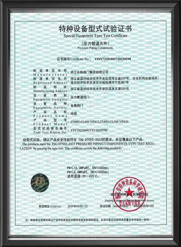 Special Equipment Type Test Certificate for Gate Valves