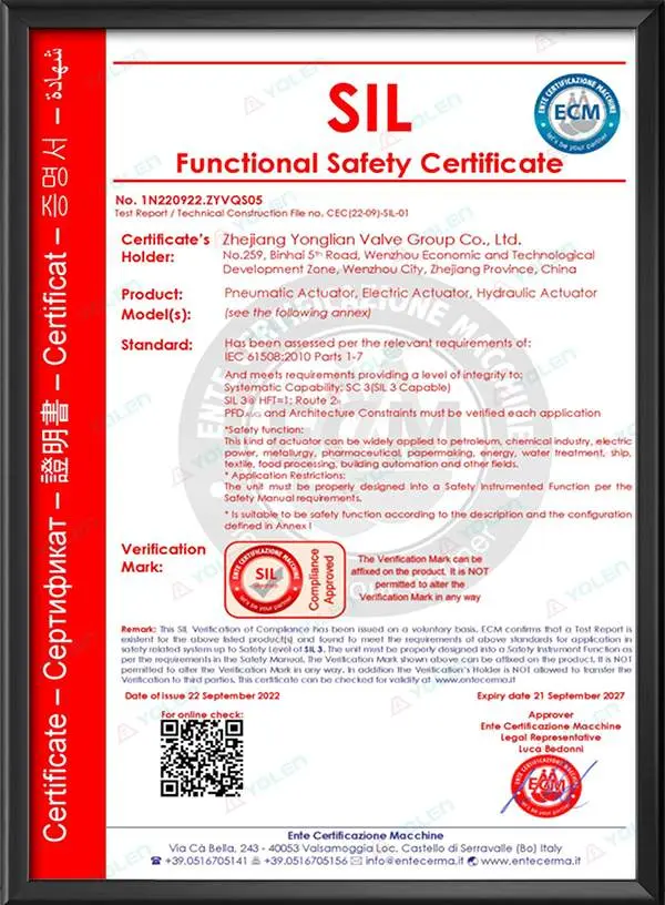 Actuator SIL Certification Certificate