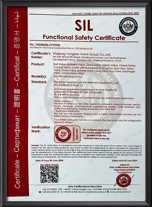 Valve SIL Certification Certificate