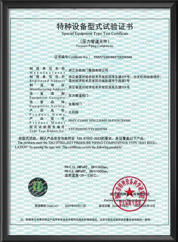 Check Valve Special Equipment Type Test Certificate
