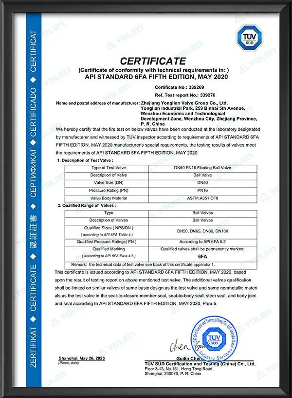 API 6FA Ball Valve Fire Protection Certification Certificate