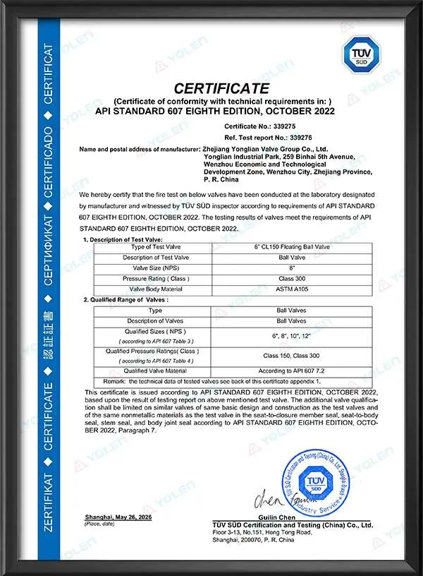 API 607 Ball Valve Fire Protection Certification Certificate